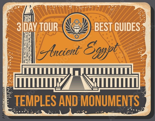 Ancient Egyptian travel landmarks with vector temples and monuments of Egypt. Valley of the King necropolis and Luxor obelisk with sacred scarab amulet retro poster of African tourism and travel tour