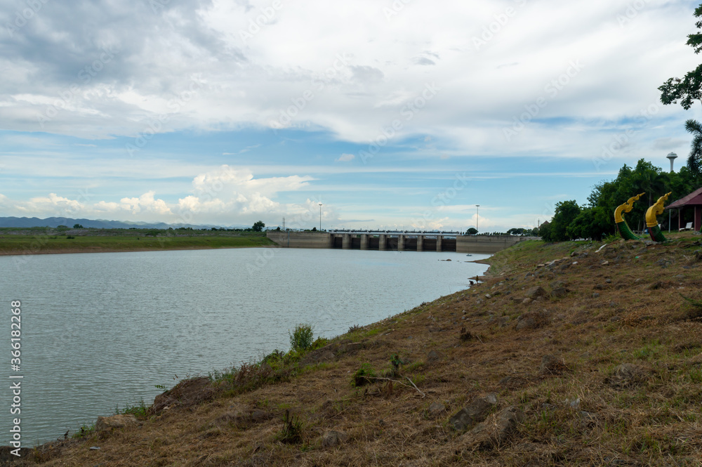 Landscape of Pasak Jolasid Dam with little water capacity.
