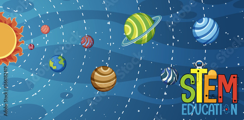 Stem education logo and solar system planets on background