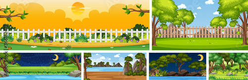 Set of different nature place scene in vertical and horizon scenes at daytime and night