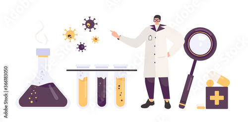 Coronavirus vaccine laboratory set. Scientist or virusologist in white coat, erlenmeyer flask, tablets, medical test tubes with liquid, magnifying glass. Genetic research, chemistry, testing concepts. photo