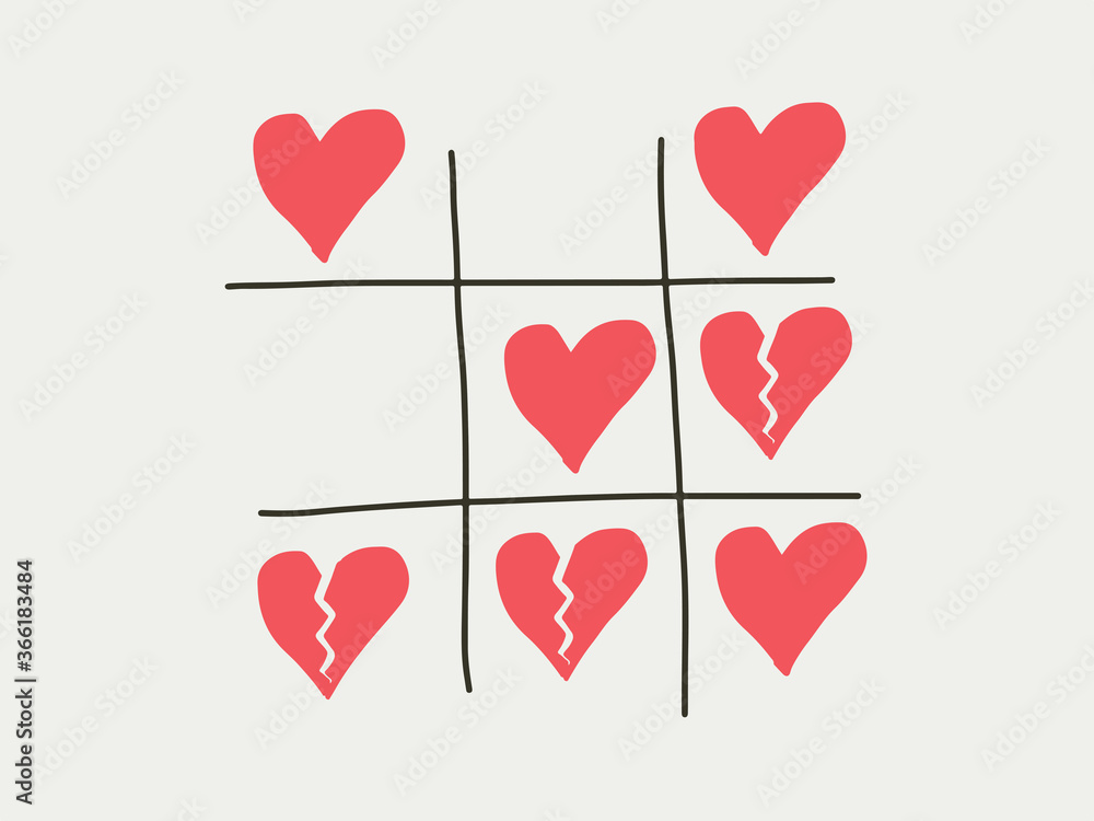 Tictactoe game of love heart and separated breaking heart. Love relationship, marriage, divorce breakup concept. Happiness love part wins or more heartbreak in the relationship the balance of the love