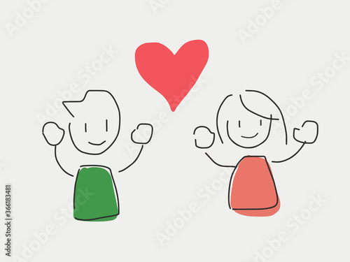 Man and woman raise hands with red warm love heart shape in the middle. Loving and friendship romance concept for brochure, banner, web sales materials. Children with love heart. Happy emotion