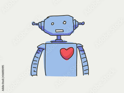 Artificial intelligent machine robot with red warm heart in white background. Robot emotion concept. Brochure, postcard, poster material, cartoon style freehand drawing. Numb face with no expression