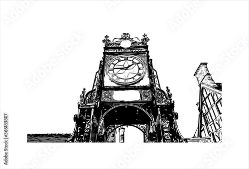 Building view with landmark of Chester city walls consist of a defensive structure built to protect the city of Chester in Cheshire, England. Hand drawn sketch illustration in vector.