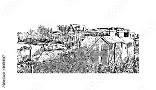 Building view with landmark of Chester city walls consist of a defensive structure built to protect the city of Chester in Cheshire, England. Hand drawn sketch illustration in vector.