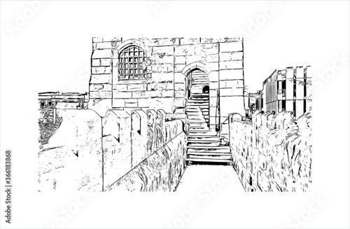 Building view with landmark of Chester city walls consist of a defensive structure built to protect the city of Chester in Cheshire, England. Hand drawn sketch illustration in vector.