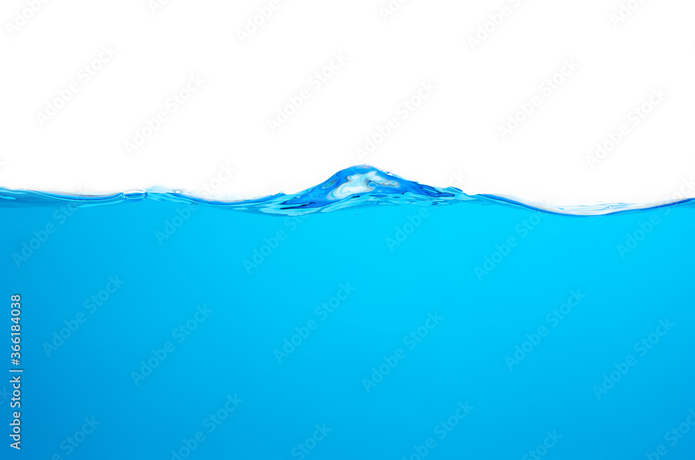 Obraz Blue water splashs wave surface with bubbles of air on white background.