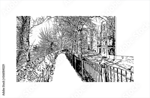 Building view with landmark of Chester city walls consist of a defensive structure built to protect the city of Chester in Cheshire, England. Hand drawn sketch illustration in vector.
