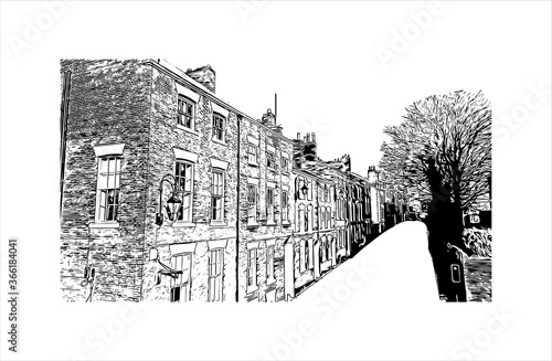 Building view with landmark of Chester city walls consist of a defensive structure built to protect the city of Chester in Cheshire, England. Hand drawn sketch illustration in vector.