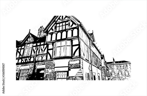 Building view with landmark of Chester city walls consist of a defensive structure built to protect the city of Chester in Cheshire, England. Hand drawn sketch illustration in vector.
