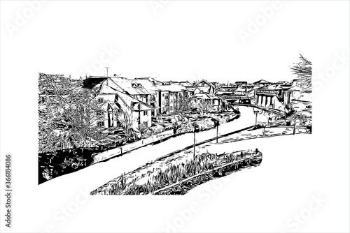Building view with landmark of Chester city walls consist of a defensive structure built to protect the city of Chester in Cheshire, England. Hand drawn sketch illustration in vector.