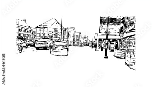 Building view with landmark of Chester city walls consist of a defensive structure built to protect the city of Chester in Cheshire, England. Hand drawn sketch illustration in vector.