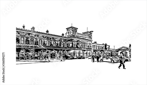 Building view with landmark of Chester city walls consist of a defensive structure built to protect the city of Chester in Cheshire, England. Hand drawn sketch illustration in vector.