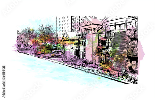 Building view with landmark of Chester city walls consist of a defensive structure built to protect the city of Chester in England. Watercolor splash with hand drawn sketch illustration in vector.