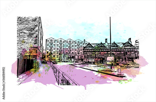 Building view with landmark of Chester city walls consist of a defensive structure built to protect the city of Chester in England. Watercolor splash with hand drawn sketch illustration in vector.