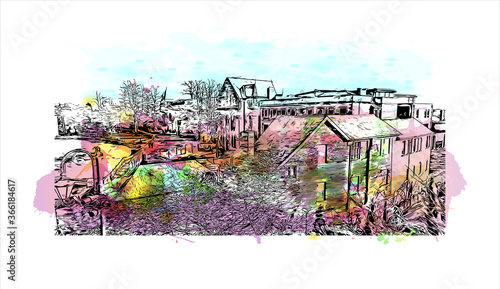 Building view with landmark of Chester city walls consist of a defensive structure built to protect the city of Chester in England. Watercolor splash with hand drawn sketch illustration in vector.