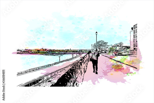 Building view with landmark of Chester city walls consist of a defensive structure built to protect the city of Chester in England. Watercolor splash with hand drawn sketch illustration in vector.