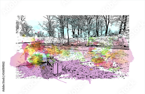 Building view with landmark of Chester city walls consist of a defensive structure built to protect the city of Chester in England. Watercolor splash with hand drawn sketch illustration in vector.