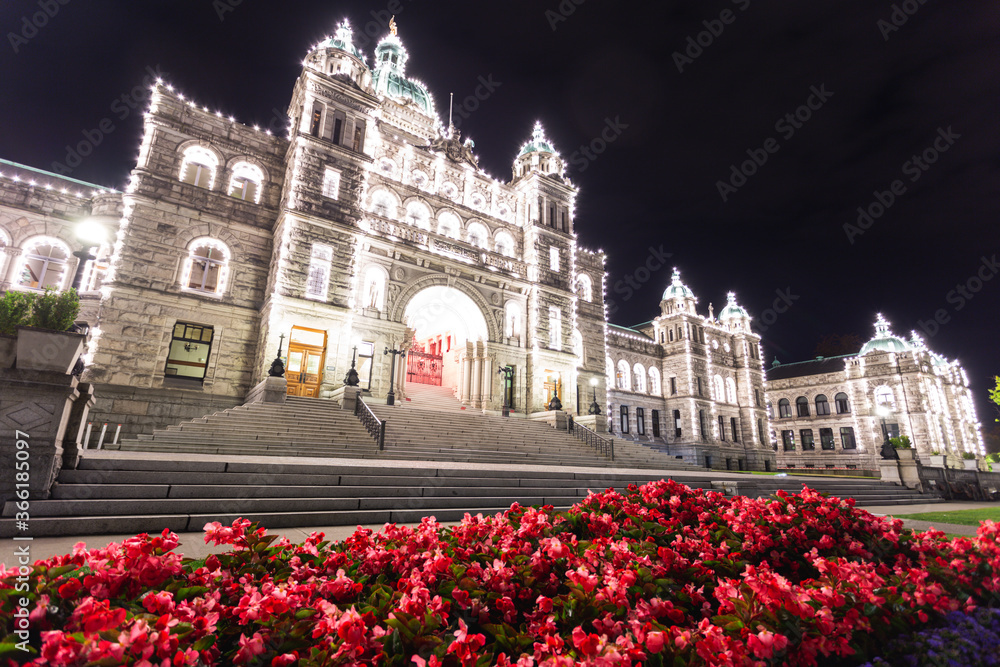 super bright building at night in summer with red flowers in the foreground