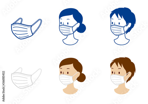 Illustration of isolated medical mask and the man(woman) wearing mask. Line drawing and color illustration set.