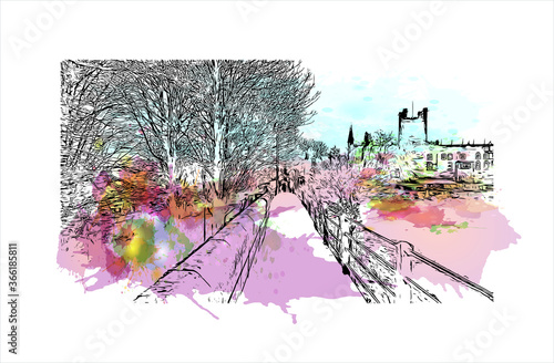 Building view with landmark of Chester city walls consist of a defensive structure built to protect the city of Chester in England. Watercolor splash with hand drawn sketch illustration in vector.