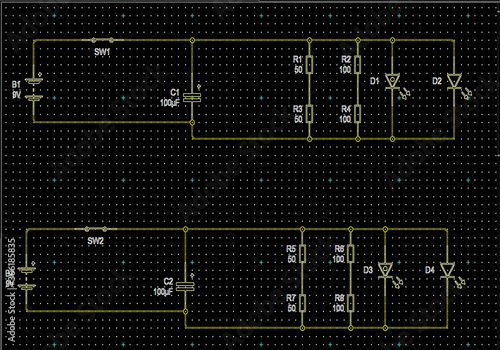 electronic line diagram with battery capacitor resistance and LED lamp on black background