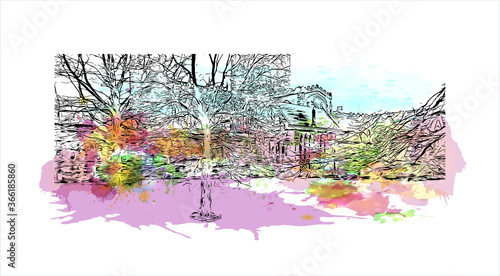 Building view with landmark of Chester city walls consist of a defensive structure built to protect the city of Chester in England. Watercolor splash with hand drawn sketch illustration in vector.