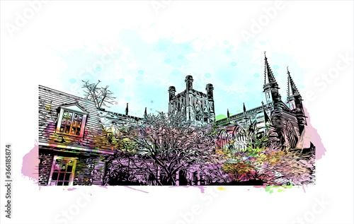 Building view with landmark of Chester city walls consist of a defensive structure built to protect the city of Chester in England. Watercolor splash with hand drawn sketch illustration in vector.