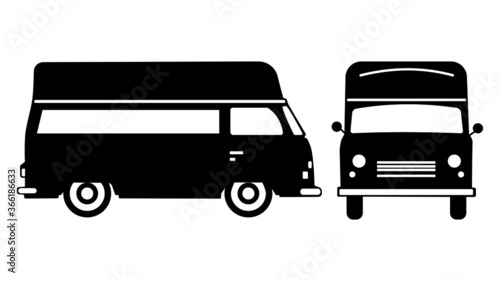 silhouette Retro food truck on white background for vehicle branding. view from side and front