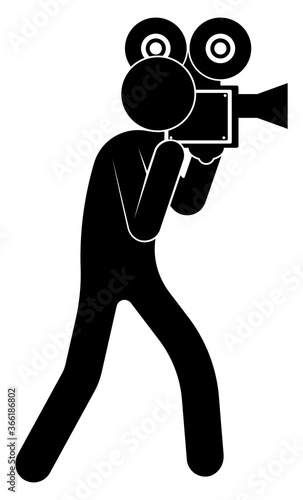 stick figure, operator makes a film on a professional video camera. International Cinema Day December 28th. Television Day November 21. Vector on a white background