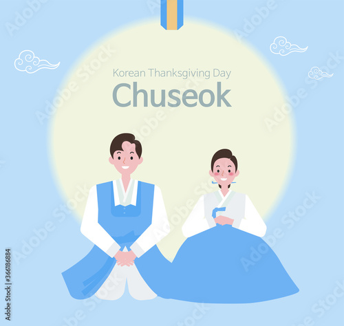 Man and woman couple wearing hanbok bowing on Korean thanksgiving day. Resizable vector flat illustration.