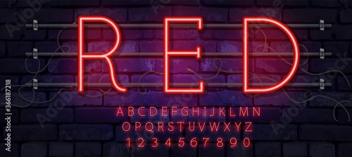 Red vector neon tube alphabet font. Neon color letters, numbers and symbols. Stock vector typeface for any typography design.