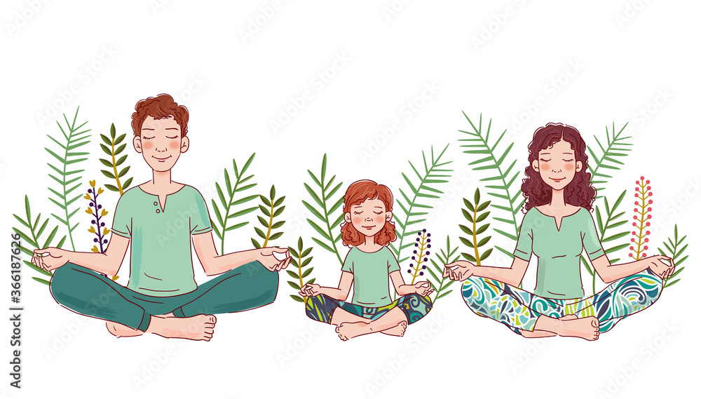 Mother, father and daughter doing yoga in lotus position. Family yoga vector illustration
