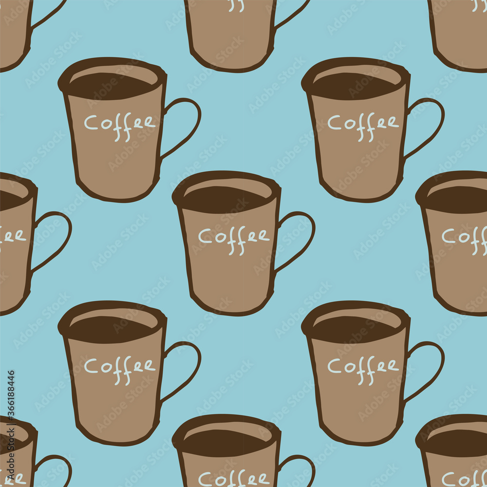 Obraz premium Seamless vector of coffee mug, clock and tungsten lamp represent coffee time for getting idea on pastel blue background