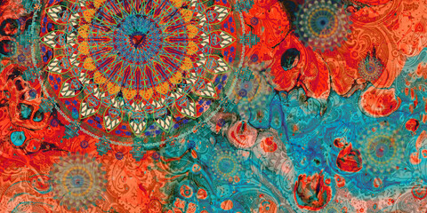 Foto auf Leinwand Mandala Mandala bunte dunkle Augen Vintage-Kunst, altes indisches vedisches Hintergrunddesign, alte Maltextur mit mehreren mathematischen Formen  © RAKR