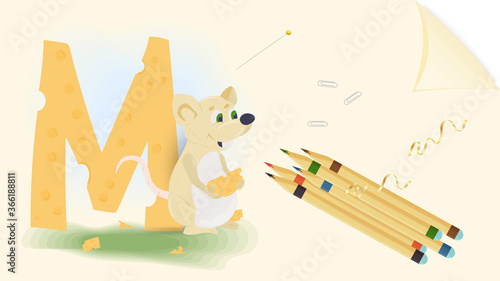illustration layout banner of the English alphabet for learning the alphabet letter M animal mouse on a sheet of paper with colored pencils