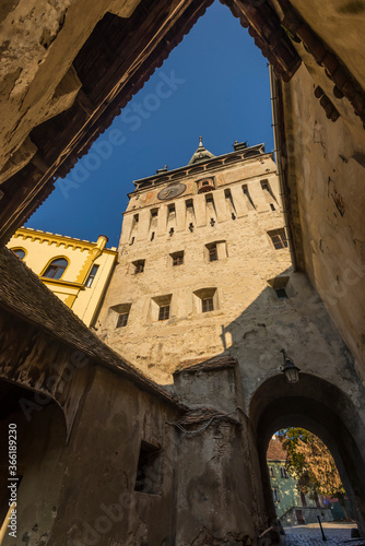 Entrance to citadel with Sighisoara Clock Tower in view © seanliew