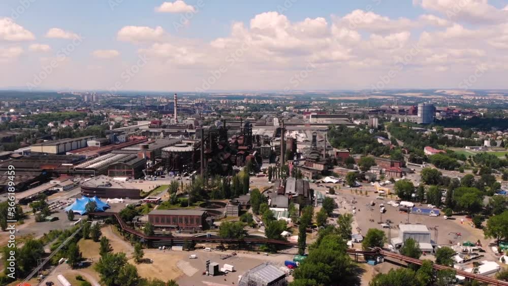 Industrial historic complex aerial birds eye, drone fly forward pan shot in Ostrava Vitkovice, Czech republic Industrial historic complex aerial birds eye, drone fly forward pan shot in Ostrava Vitkovice, Czech republic