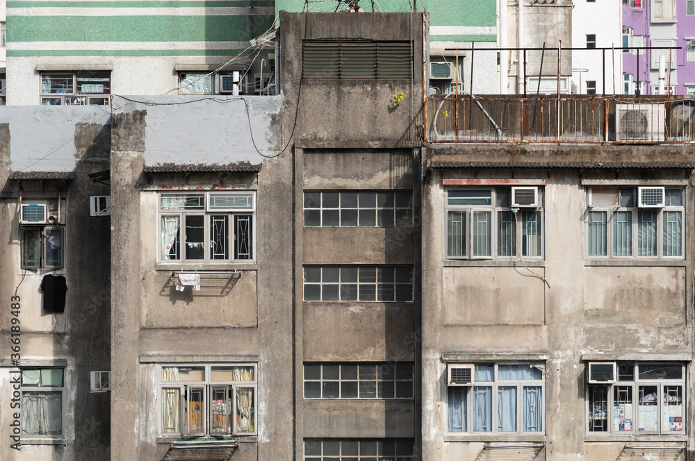 Exterior of old residential building in Hong Kong city