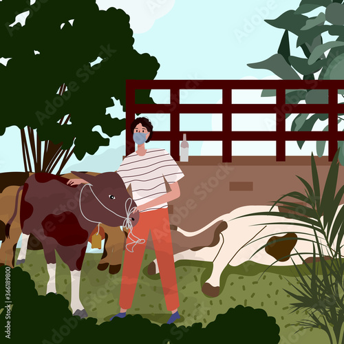 Men wear mask holding cow near cowshed for sacrifice ied al adha with modern flat cartoon style.