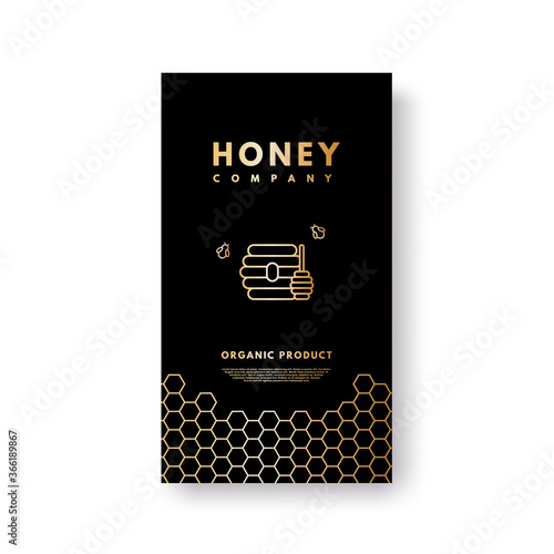 Vector social media story gold gradient honey bees, honey stick, beehive. Design template, background, banner, blank, poster, advertising. Isolated on black background.