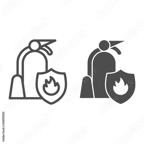Fire extinguisher with shield line and solid icon, Public transport concept, firefighter sign on white background, equipment for extinguishing fire in transport icon in outline style. Vector graphics.