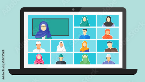 Muslim or Arab Online Class. School Learn Study from home via Teleconference Web Video Conference Call During Coronavirus COVID-19 Pandemic Display on Laptop Screen. Middle East College Test or Course