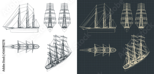 Large sailing ship drawings with the sails down