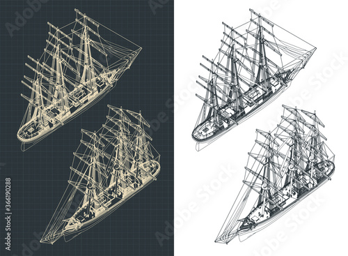 Large sailing ship isometric drawings with the sails down