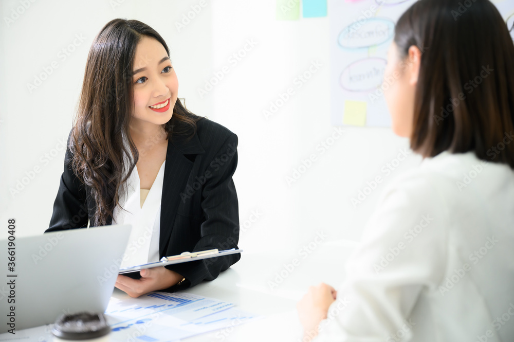 Job interview, We are hiring, Human resource and recruitment concept. Beautiful young asian businesswoman talking applicant people Job interview, We are hiring, Human resource and recruitment concept. Beautiful young asian businesswoman talking applicant people