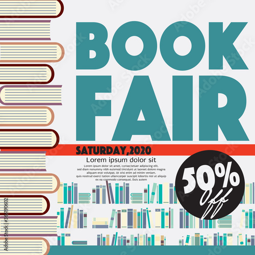 50 Percent Off Book Fair Festival Poster For Advertising Concept Vector Illustration.