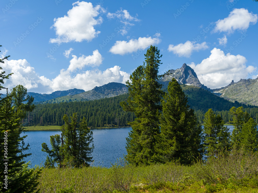 View of Svetloye Lake in the Ergaki Nature Park. Coniferous forests of Siberia