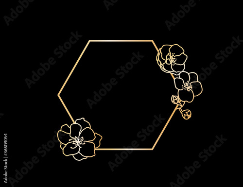 Gold gradient hexagon frame decorated with flowers isolated on black background. Botanical vector design element template.